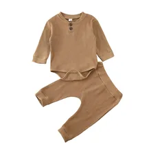 Комплекты из 2 предметов в рубчик для новорожденных мальчиков и девочек, комбинезон с длинными рукавами+ штаны-леггинсы, однотонная одежда унисекс для малышей, осенняя одежда для детей 0-24 месяцев