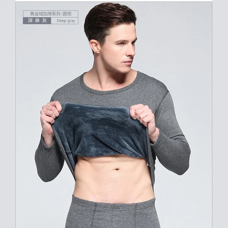 deep grey men 3XL зимнее термобелье для мужчин и женщин эластичный круглый воротник; Слим Bilayer однотонная одежда высокого качества простая нижняя одежда из плиса - Цвет: deep grey men
