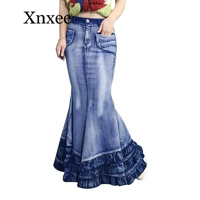 

Ruffles Vintage Big Fish Tail Denim Women Skirt No Stretchy Floor-Length Maxi Long Skirt Mermaid Trumpet Empire High Waist Jeans