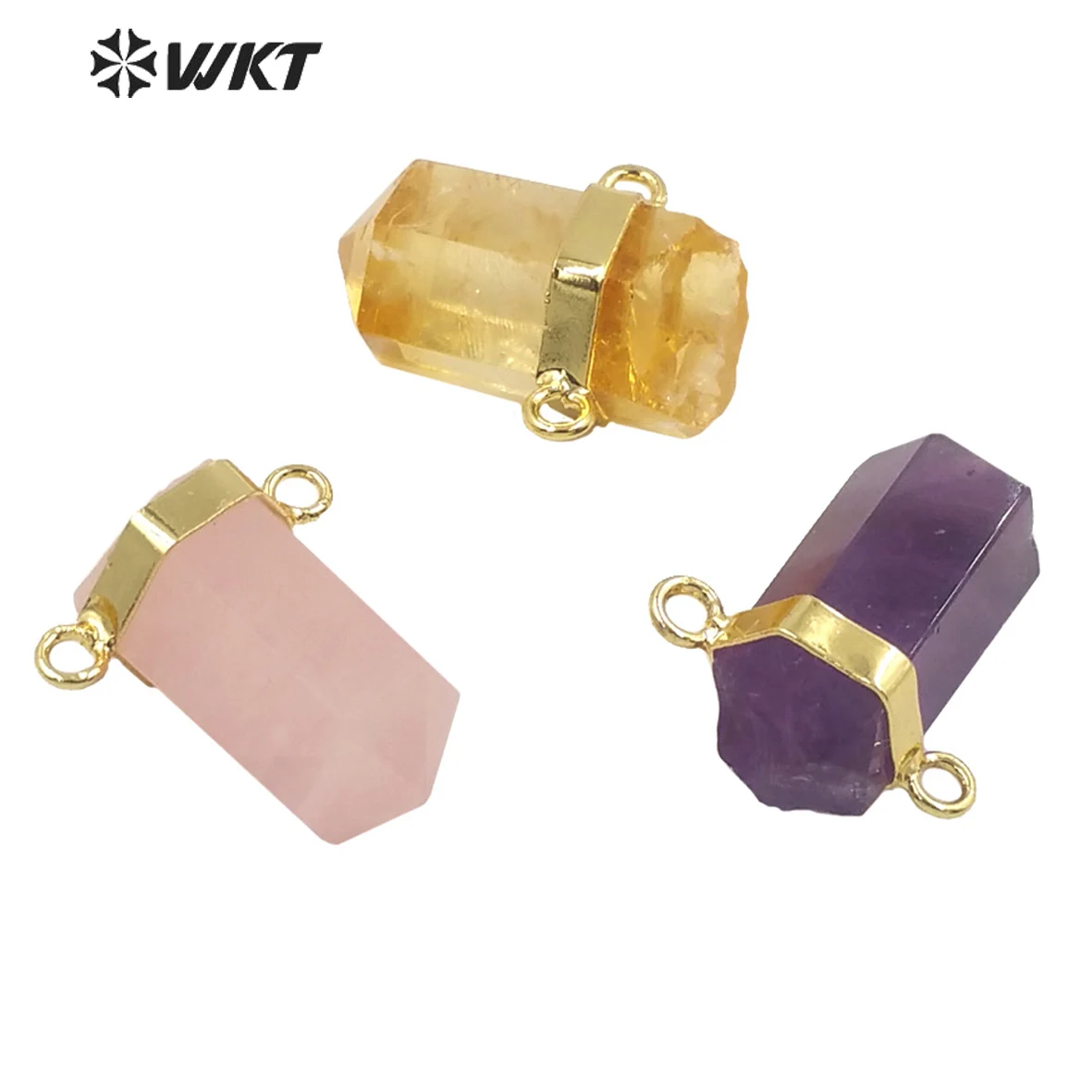 

WT-P1763 Graceful Double Loops Hexagonal Cylinder Natural Stone Pendant Energy Citrines Crystal Pillar Pink quartz Amethysts