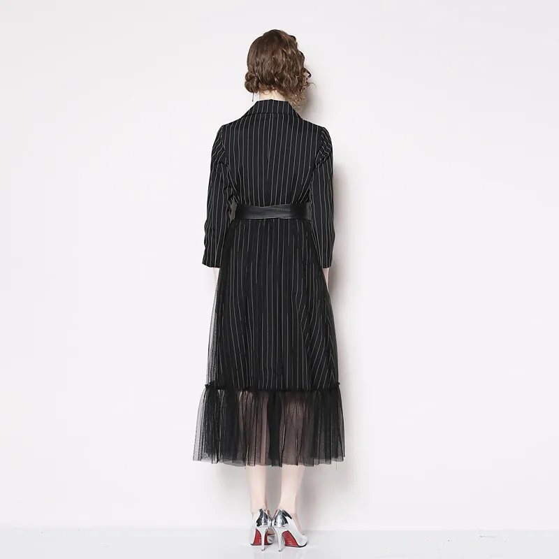 Модное летнее Новое модное платье с рукавом три четверти, Полосатое платье с сеткой, большие размеры, Повседневное платье с поясом, TC152