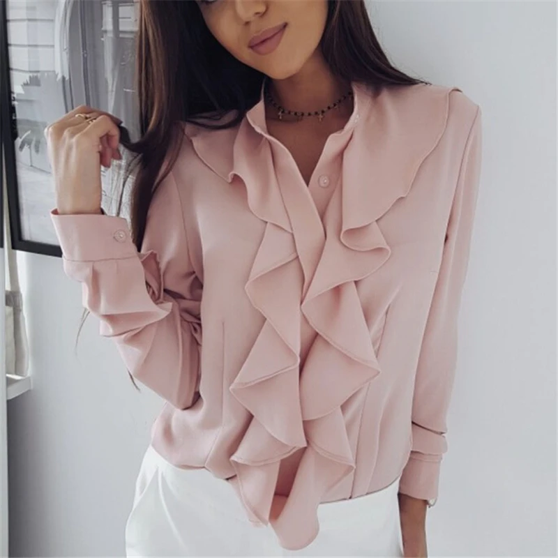 Womens Clothing Fashion Ladies V Neck Blouses Tops Long Sleeve Shirt Women Casual Ruffles Blouses Loose Shirts Women Blouses