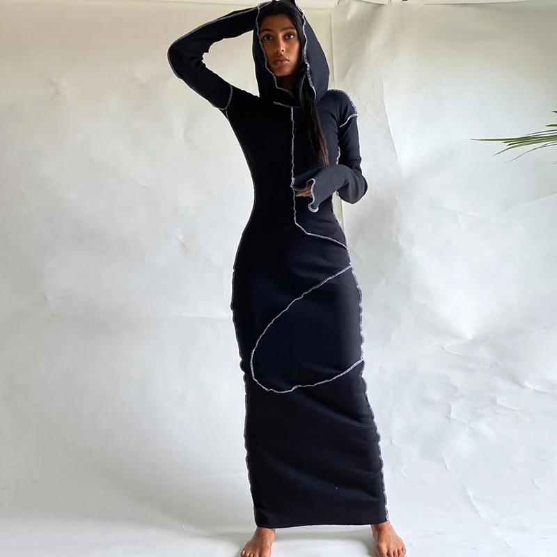 Hugcitar Long Sleeve Hooded Patchwork Skinny Maxi Dress 2021 Autumn Winter Women Fashion Streetwear Casual Outfits black dress for women