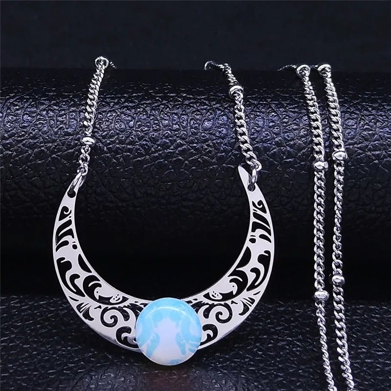2020 Moon Moonstone Stainless Steel Chain Necklace Women Silver Color Pendants Necklaces Boho Jewelry bijoux femme N1129S04