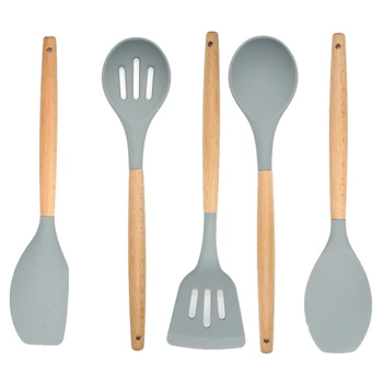 

5-Piece Set of Wooden Handle Silicone Kitchenware Cooking Frying Spatula Colander Set of 5 Kitchen Tools