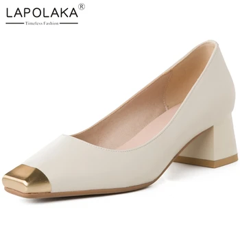 

Lapolaka New Design 2020 Genuine Cow Leather Square Heels Elegant Pumps Woman Shoes Slip-On Summer Fashion Shoes Women Pumps