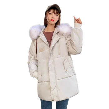 

QIMAGE2019 Korean Winter Women Parkas Female Big Fur Collar Hood Thick Warm Winter Coat Solid Color Winter Parkas Plus Size