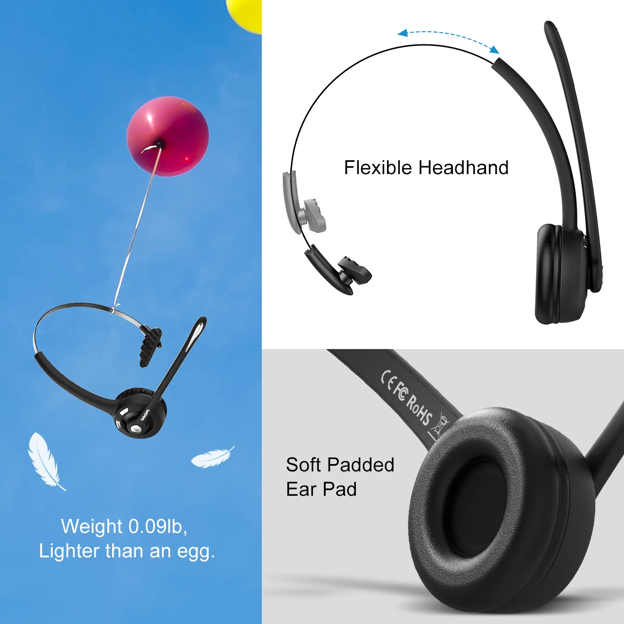2 Pack Mpow Office Wireless Headset New Over the Head Bluetooth Headset with Noise Cancelling Mic 13 Hrs Talk Time for Driver