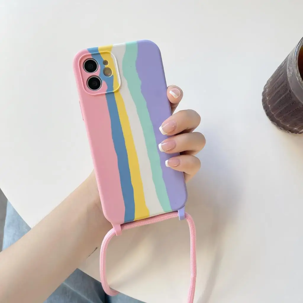 Liquid Silicone Hang Neck Strap Lanyard Case For iPhone 13 12 Mini 11 Pro Max XS X XR 6 6S 7 8 Plus Candy Colorful Rainbow Cover apple iphone 11 Pro Max case