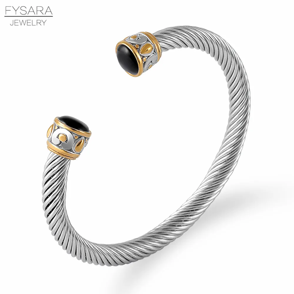 FYSARA Twisted Cable Wire Bangle Cuff Гривни Класическа марка Бижута за жени Мъже Тел Черни подреждащи се гривни Дизайнерски подарък