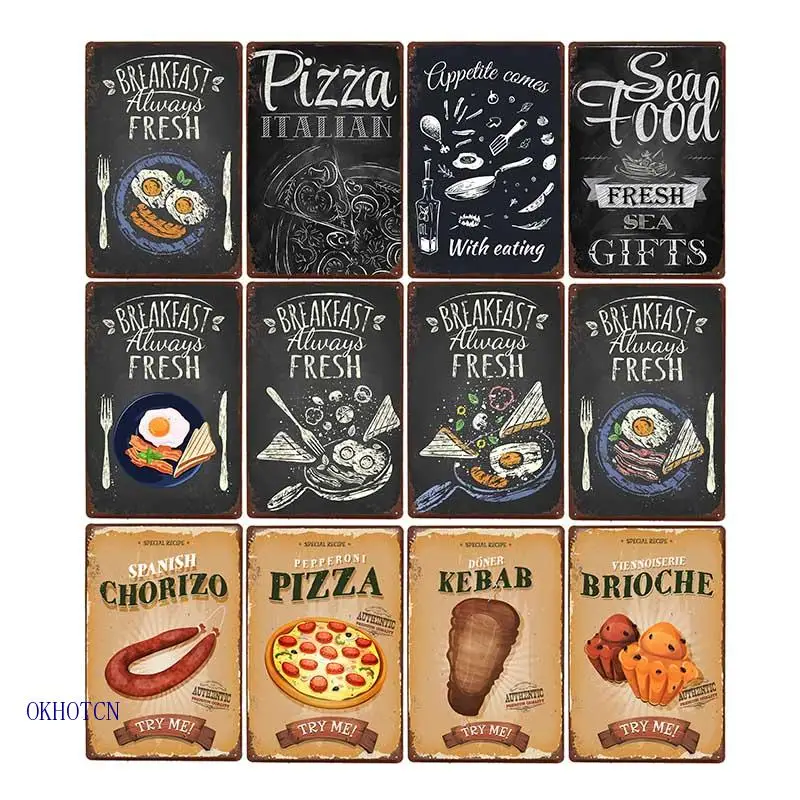 

Delicious Breakfast Restaurant Menu Metal Tin Signs Pizza Seafood Vintage Food Poster Kitchen Decor Plaque Wall Decoration