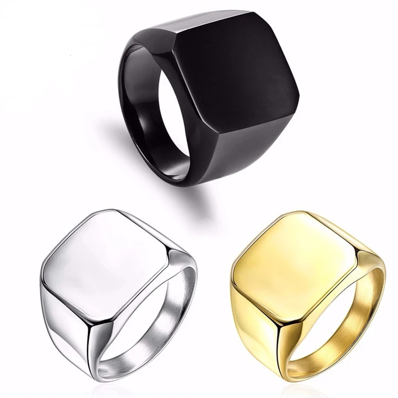 RIR Fashion Simple Square Big Width Signet Rings Gold Black Titanium Stainless Steel Biker Ring For Man Finger Jewelry | Украшения и