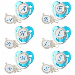 Metallic Blue Silver Luxury Baby Pacifier Clips Holder 26 Name Initial Letter Silicone Pacifier Teether Baby Shower Gifts