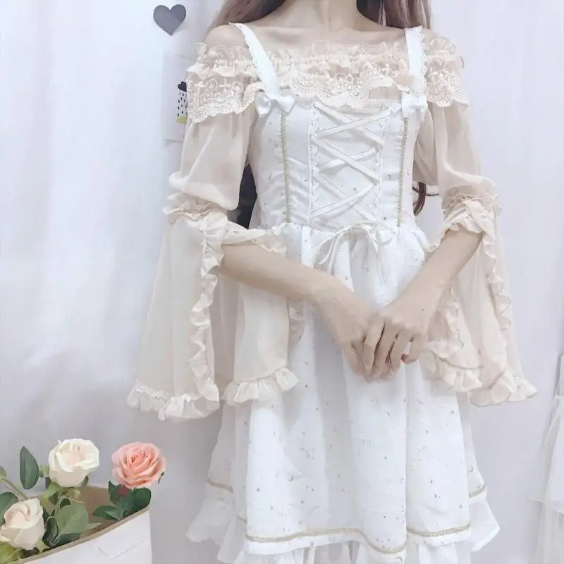 Women Flounce Sleeve Elegant Undershirt Top Blouse Puff Sleeves Sweet Lolita Shirt Inner Tops For Girl Sweet Party