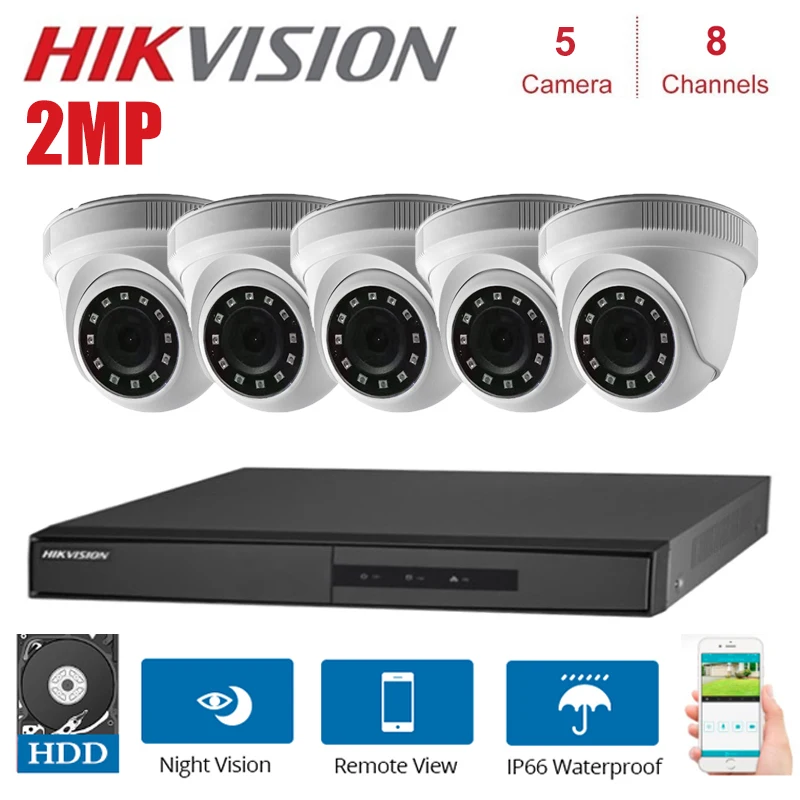 Комплекты видеонаблюдения Hikvision 1080P 8 каналов с HD камерой 2 МП 4 в 1 комнатные