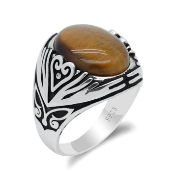 

Natural Tiger Eyes Stone Ring Real Pure 925 Silver Ring For Men Heart Butterfly Wings Casual Style Pretty Wedding Ring Fine Ring