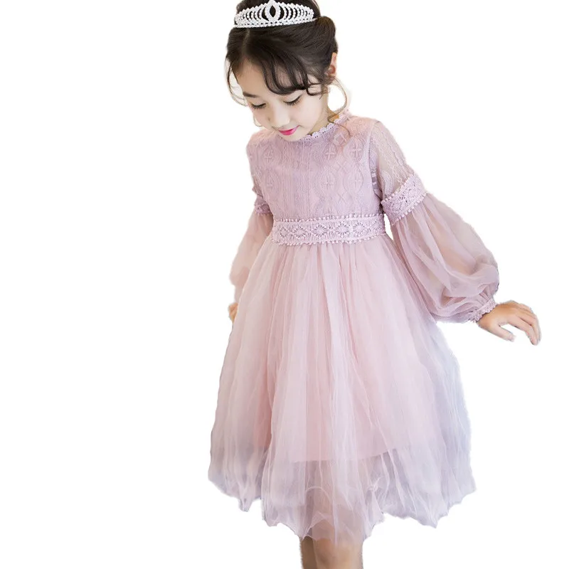 2021 Kids Dresses For Girls Lace Long Lantern Sleeve Dress Party Baby Girl Wedding Children Clothes 8 10 12 Years | Детская одежда и