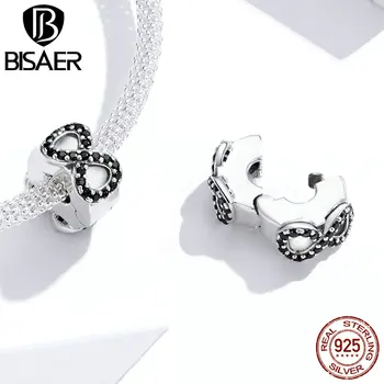 

BISAER Infinity Love Stopper 100% 925 Sterling Silver Black Zirconia Open Spacer Charms fit Bracelets Bangles Jewelry GXC1498