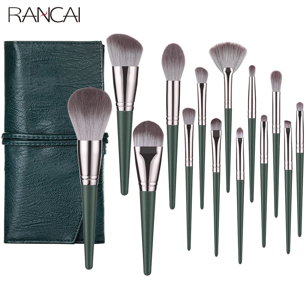 

RANCAI 14pcs Makeup Brushes Set crochas maquillaje Green Large Loose Powder High Gloss Eyeshadow Foundation Contour SynthetiHair