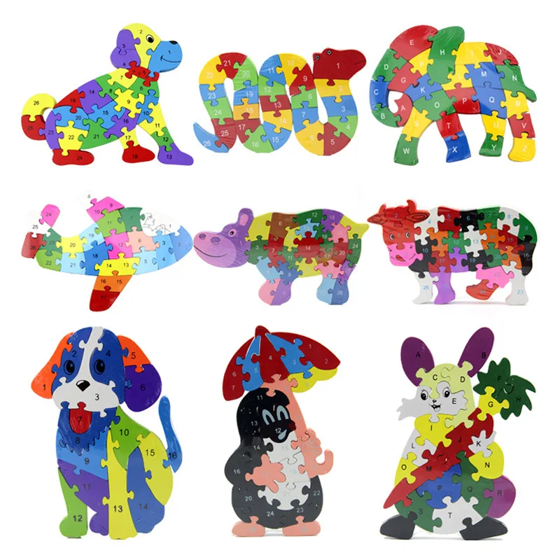 

Boutique Hot Selling with Numbers Animal Inserted Building Blocks Multi--Wooden DIY26 English Lettered Jigsaw Puzzle Educational
