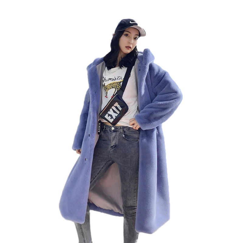 

2019 Winter New Mink Fur Jacket Women Long Hooded Loose Long Sleeve Thicken Warm Fur Coat Woman Rex Rabbit Fur Coat LJJ0014