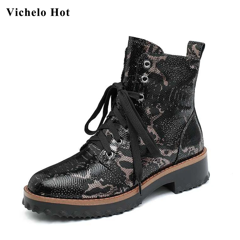 

Vichelo Hot gorgeous snake print sheep leather round toe med heels lace up punk handsome winter women keep warm ankle boots L8f1