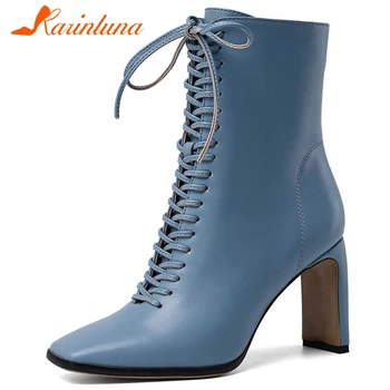 

Dropship On Sale New Arrival women shoes Big Size 43 Elegant Square Toe Strange Style Heels Office Lady Lace-Up Autumn Boots