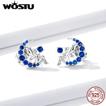 

925 Sterling Silver Stud Earrings WOSTU New Arrival Blue Moon Shape Cubic Zircon Fairy Women Earrings Stud Gift Jewelry FNE376