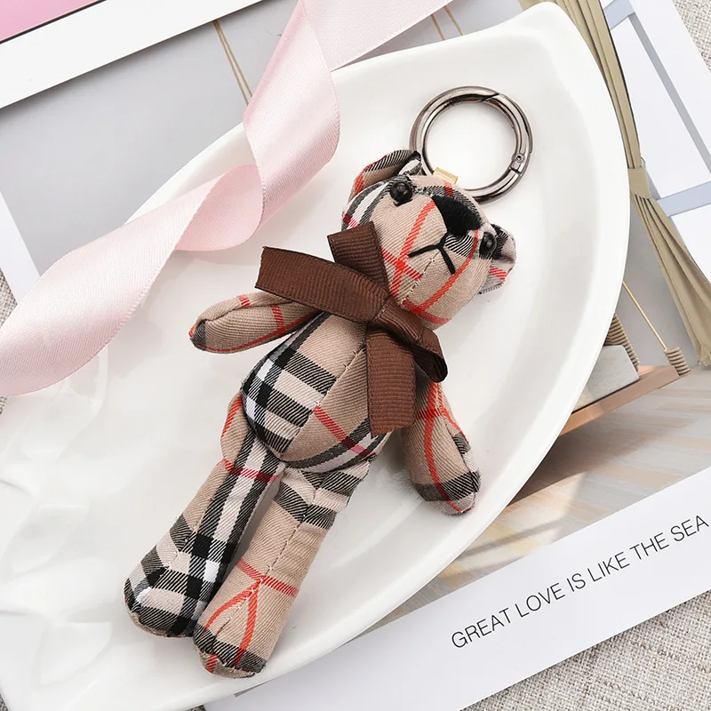 Fashion Cute Bear Keychain Cloth gingham Ornament Key Chain Key Ring Hold Jewelry for Women'sHand Bag Car Auto Pendant