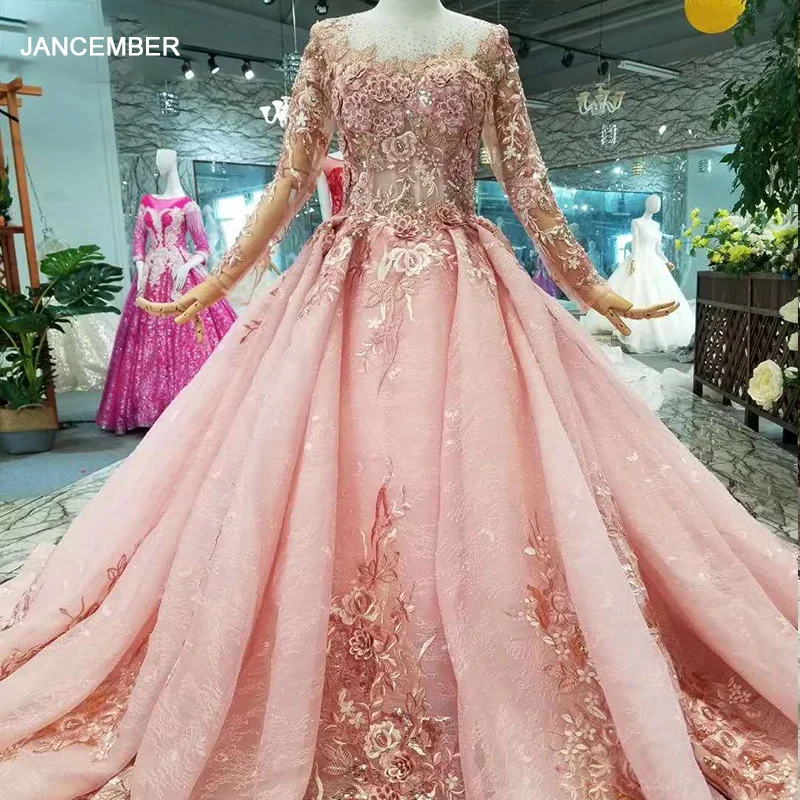 LSS1002 pink girls pageant beauty dresses long sleeves o neck long train petal flowers women occasion dress high quality 1