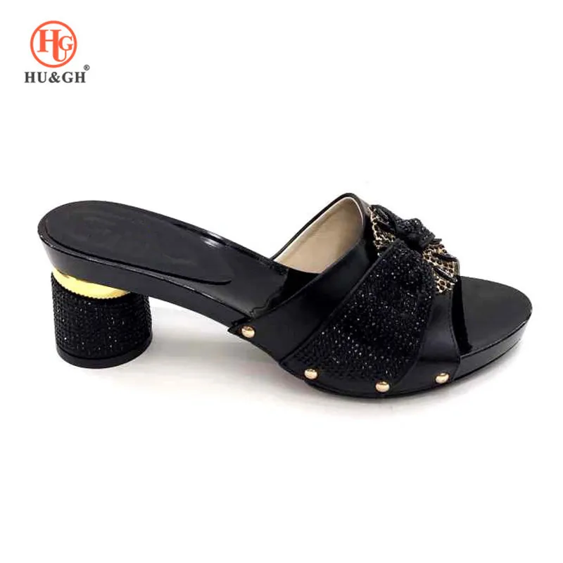 

Black Color Slippers in Heel Wedding High Quality Italian Design PU Leather Adults shoes African Woman Sandal Possible match Bag