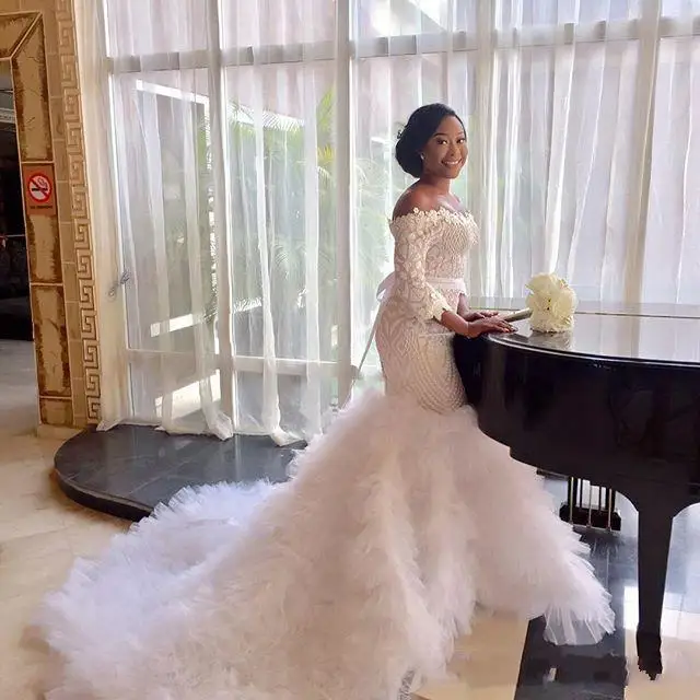 

3/4 Long Sleeve Dress Off Shoulder Beads Lace Applique Sash Tiered Bridal Gowns Charming African Tulle Mermaid Wedding