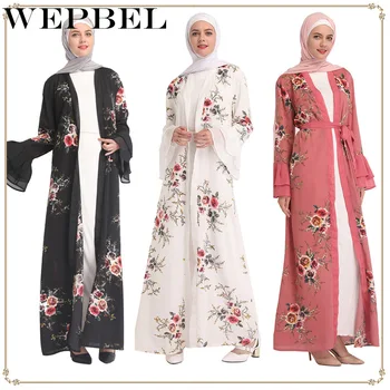 

WEPBEL Women Floral Full Sleeve Dress Chiffon Cardigan Muslim Abaya Kimono Casual Fashion Flower Ladies Long Maxi Dresses