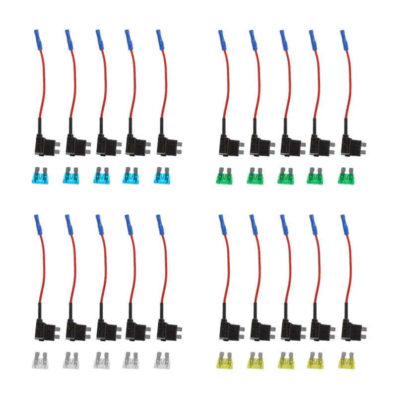 

5Pcs Add Circuit Blade Fuse Box Holder ACS ATO ATC Piggy Back Tap 15A/20A/25A/30A 120mm fuse plug with wire lead without cutting