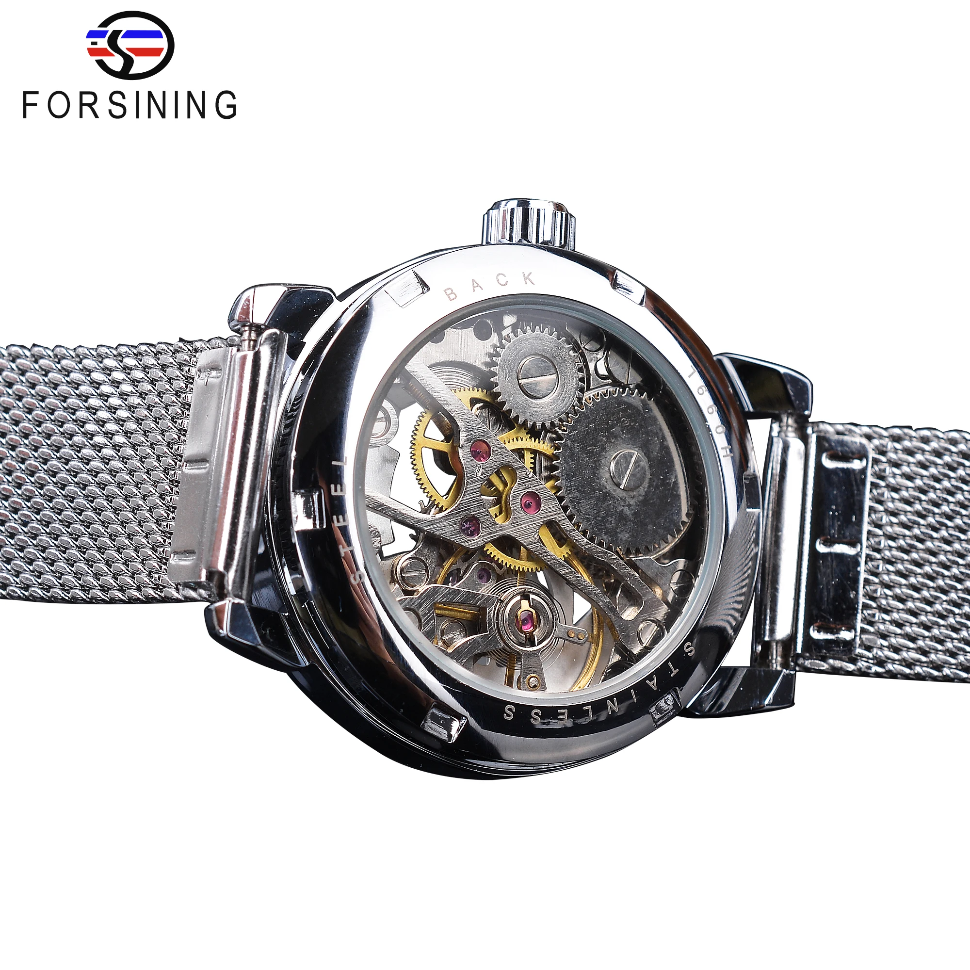 Forsining Fashion Luxury Silver Skeleton Women Mechanical Watch Roman Numerals Transparent Watches Stainless Steel Clock