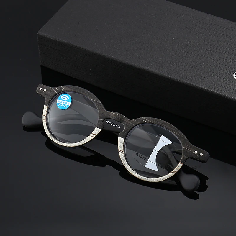 Wood Grain Progressive Multifocal Reading Glasses Men Women Anti Blue Light Glasses Retro Vintage Presbyopic Round Glasses 2024 3