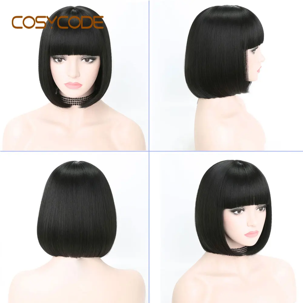 black COSYCODE 12 дюймов короткий черный боб парики с челкой прямые некружевные синтетические Косплей парики костюм 30 см - Цвет: black