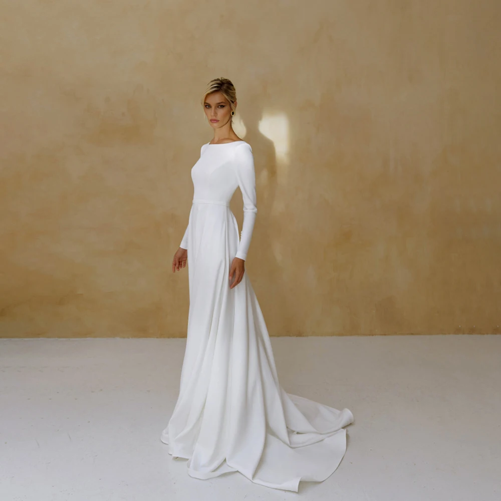 UETEEY Boat Neck Jersey Wedding Dress A-Line  Long Sleeve Zipper Back Sweep Train 2022 Bride Gowns Vestido De Noiva
