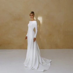 UETEEY Boat Neck Jersey Wedding Dress A-Line  Long Sleeve Zipper Back Sweep Train 2022 Bride Gowns Vestido De Noiva