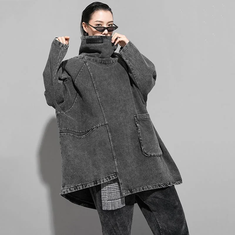  oversize Denim sweatshirts hoodies women plus size batwing loose Harajuku turtleneck sweatshirt wom