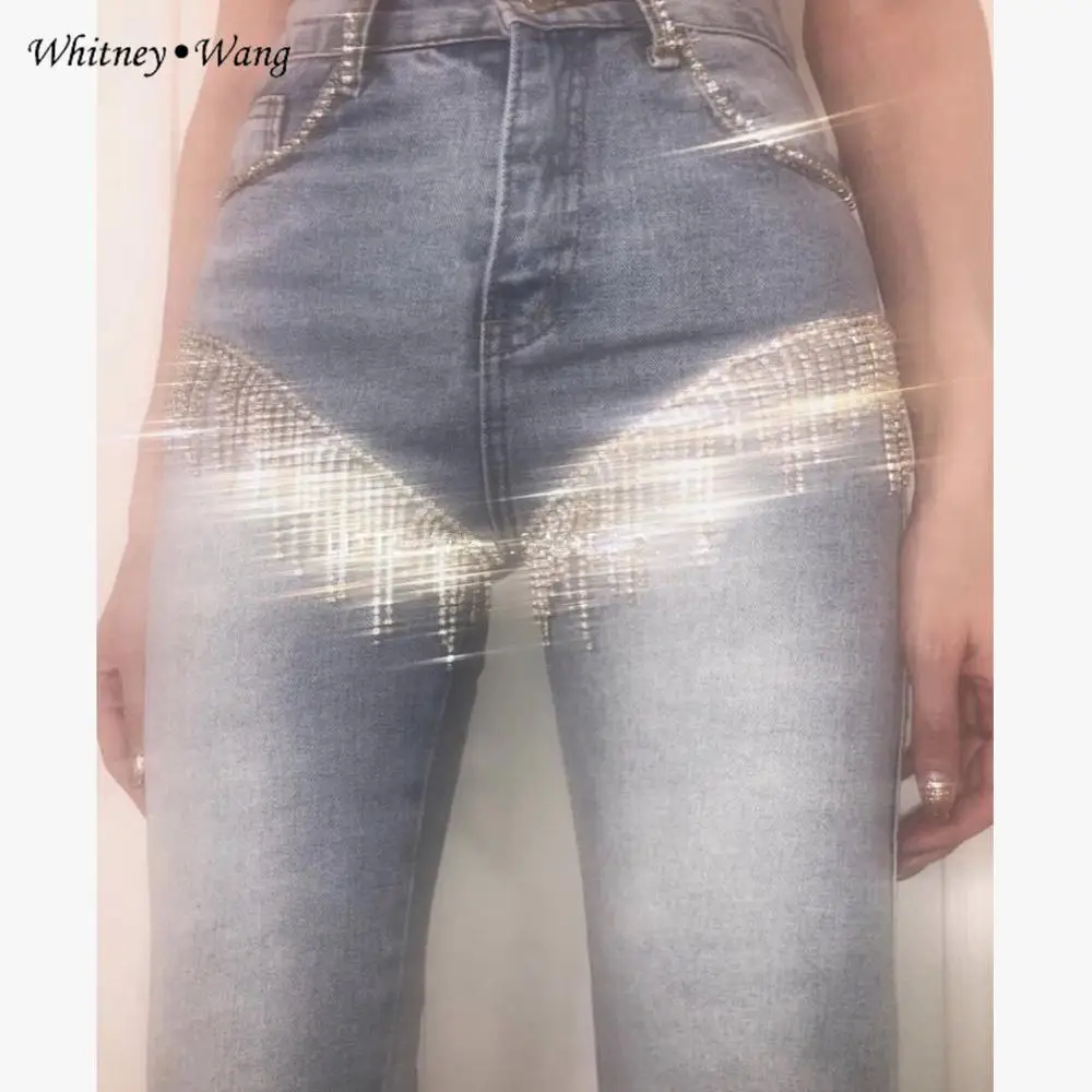 WHITNEY WANG, Весенняя мода, уличная одежда, шикарные джинсы с бриллиантами и кисточками, женские стильные джинсовые штаны размера плюс 5XL
