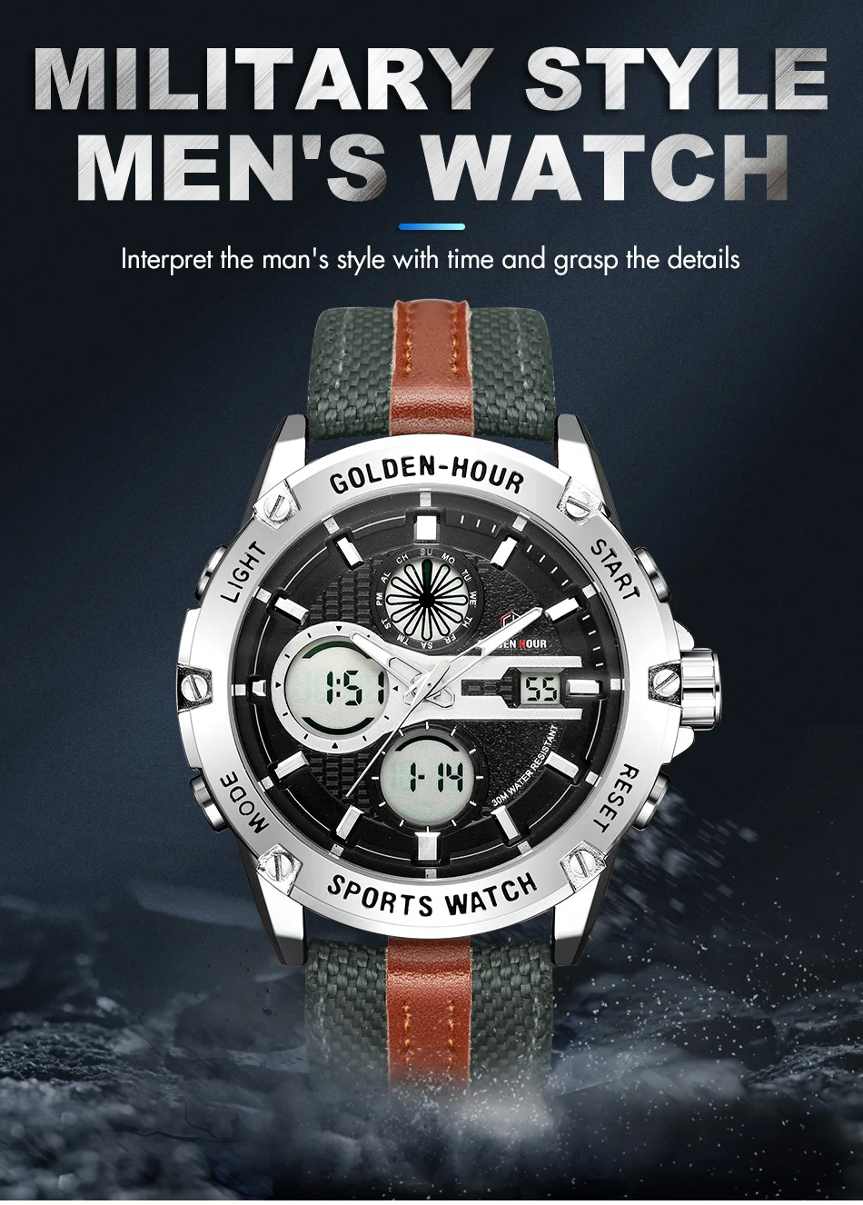 GOLDENHOUR Мужская Мода Спорт на открытом воздухе аналого-цифровые часы водонепроницаемый светодиодный дисплей армейские часы Военные ручные