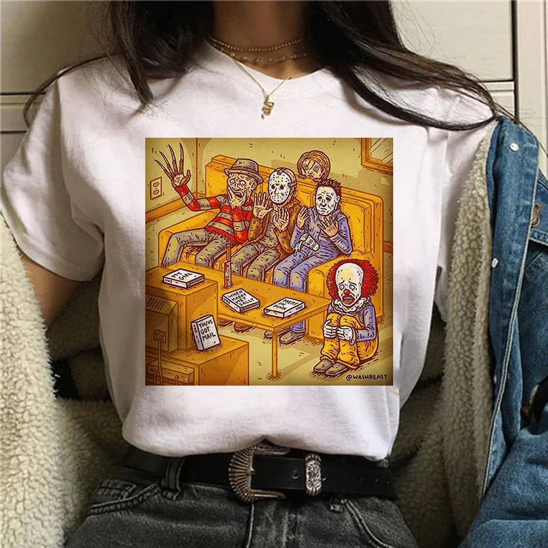 Странные Вещи Pennywise Майкл Майерс Джейсон Voorhees Хэллоуин ужас Ouija Ropa Camiseta Das Mulheres Футболка Топ Haut Femme