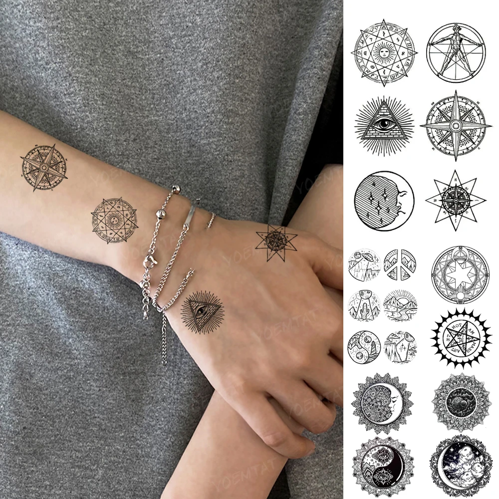 Waterproof Temporary Tattoo Sticker Golden Ratio Moon Egyptian Disc Sun  Tatto Arm Hand Fake Tatoo Man Woman Child Glitter Tattoo - Temporary Tattoos  - AliExpress