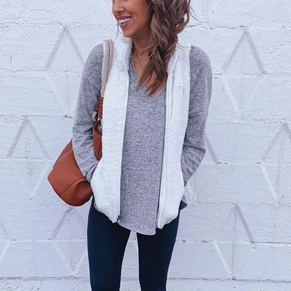 Белый Women Jackets Pockets Zip Vest Coat Knitted Vest Cardigan Sleeveless Coat TY66 - Цвет: Белый
