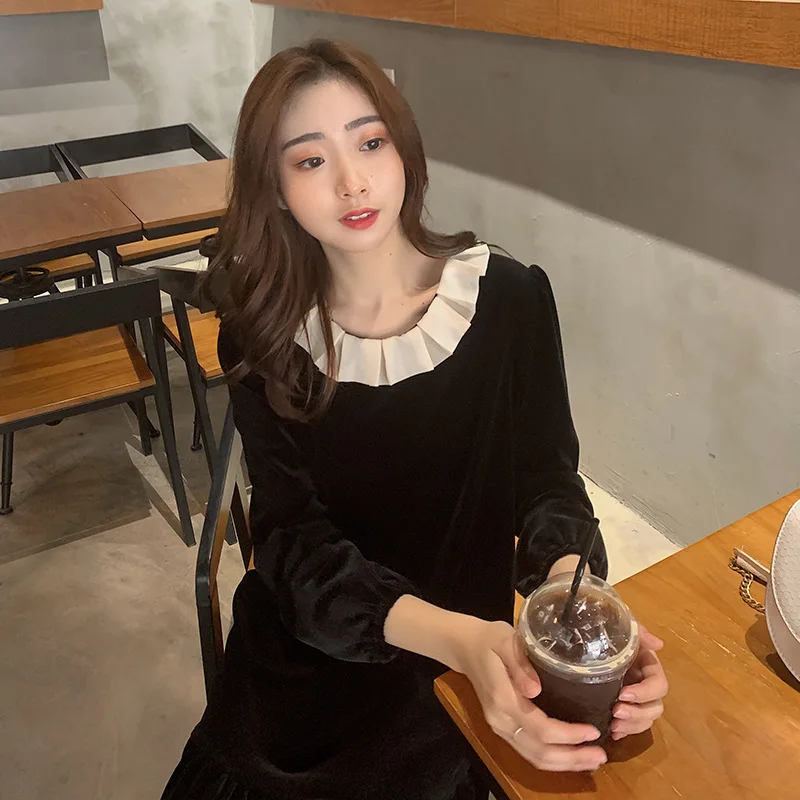 

2020 Spring New Style Korean-style Hepburn Peter Pan Collar Loose-Fit Black And White with Pattern Velvet Dress WOMEN'S Dress ov