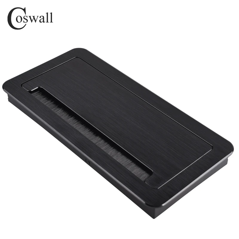 COSWALL Desktop Wire Hole Cable Outlet CS TB BX, black brushed aluminum alloy thickened arc corner soft open cover buffer dust proof brush