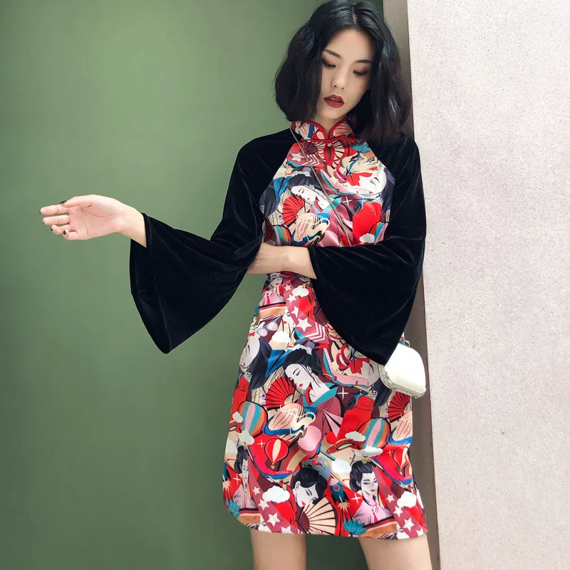 Винтажное женское модное платье бархатное с длинными рукавами и принтом qipao