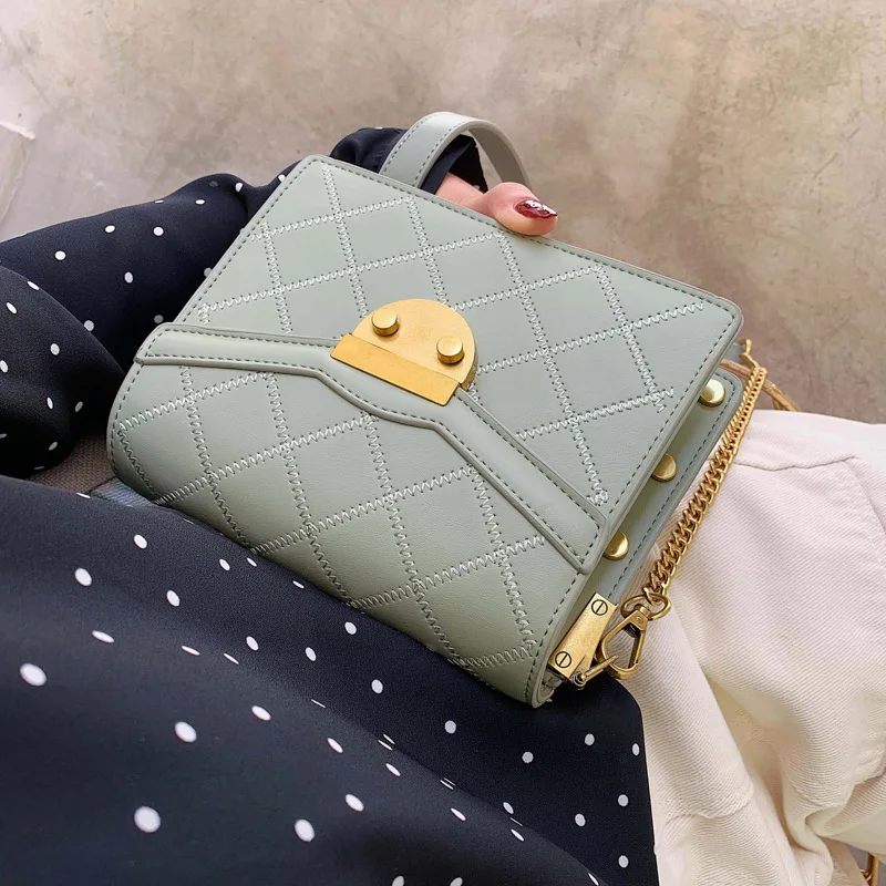

Korean-style Lock Square Sling Bag Women's 2019 New Style Western Style Street Snap Oblique Bag Retro Rhombus Pew Leather Should