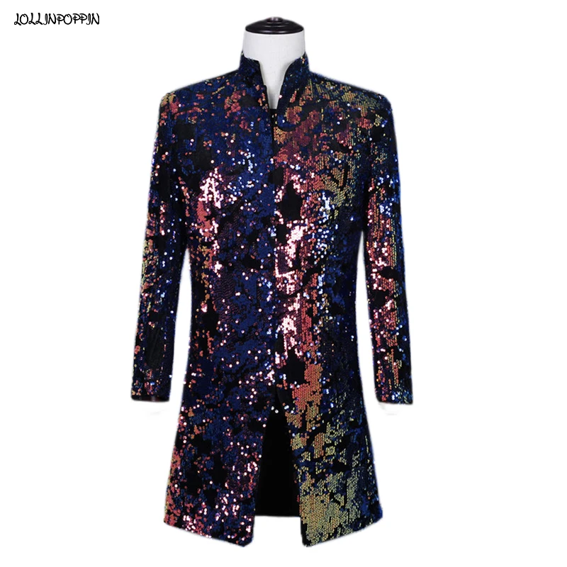 

Long Style Men Colorful Sequin Suit Jacket Stand Collar Stage Performance Costume Mens Single Button Paillette Coat